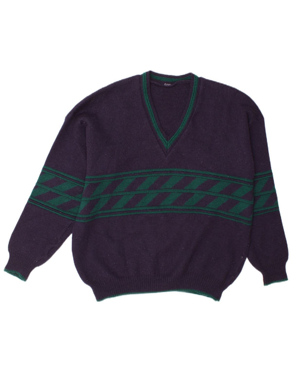 Vintage Mens V-Neck Jumper Sweater Large Navy Blue Striped