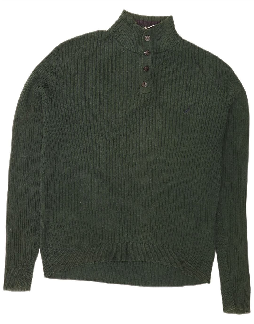 Nautica Mens Button Neck Jumper Sweater Large Green Cotton