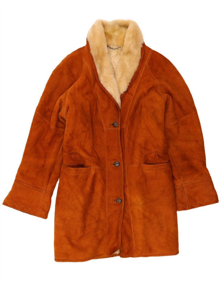Vintage Womens Loose Fit Shearling Coat IT 48 XL Brown Leather