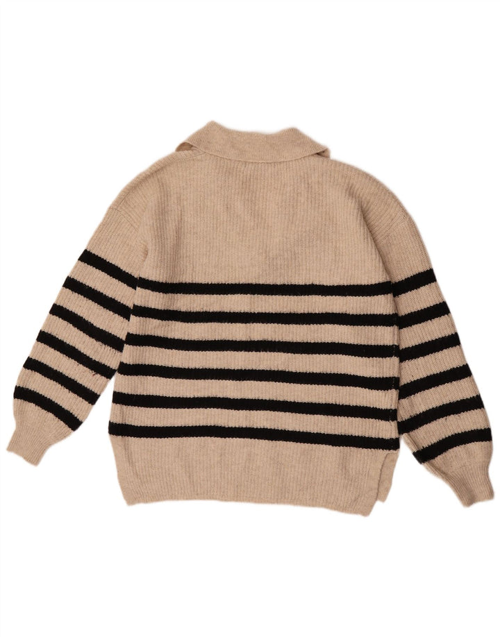 Marks & Spencer Womens Polo Neck Jumper Sweater UK 14 Medium Beige Striped