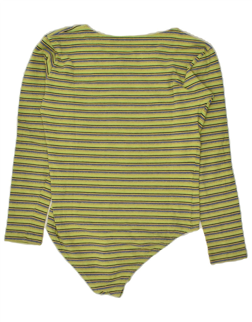 VINTAGE Womens Long Sleeve Bodysuit UK 12 Medium Green Striped Cotton Vintage Vintage and Second-Hand Vintage from Messina Hembry 