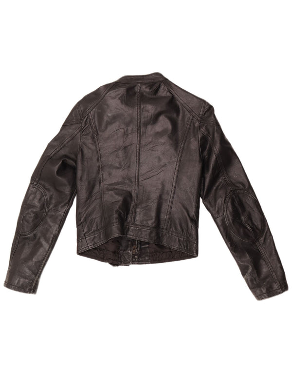 Vintage Womens Crop Leather Biker Jacket UK 10 Small Black Leather