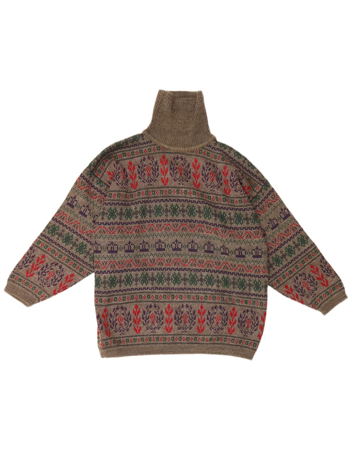 Vintage Mens Roll Neck Jumper Sweater Small Grey Fair Isle Wool