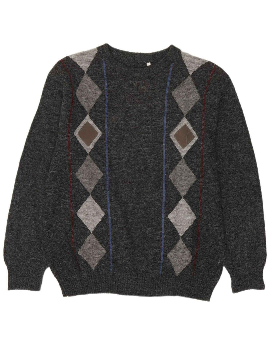 Vintage Mens Crew Neck Jumper Sweater IT 54 XL Grey Argyle/Diamond Wool