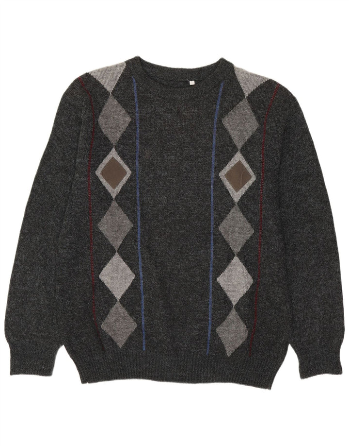 Vintage Mens Crew Neck Jumper Sweater IT 54 XL Grey Argyle/Diamond Wool