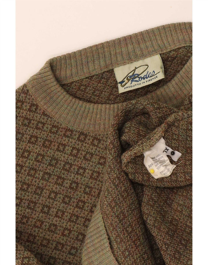 Rodes Mens Crew Neck Jumper Sweater XL Khaki Geometric Wool