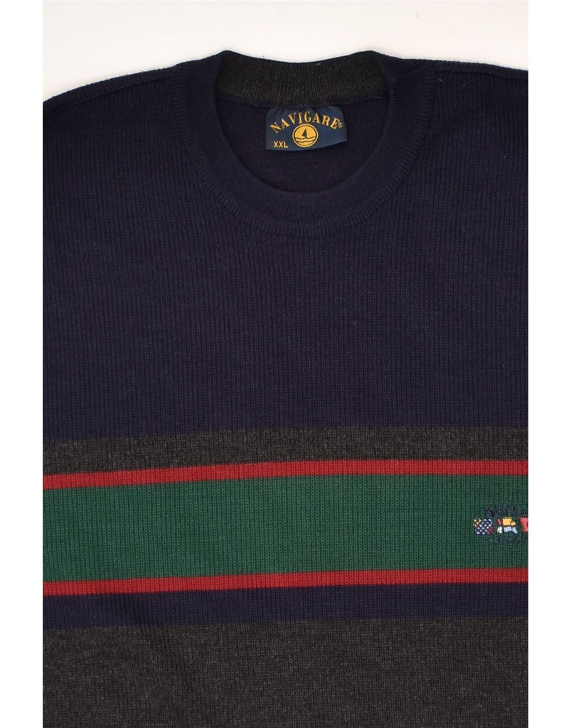 NAVIGARE Mens Crew Neck Jumper Sweater 2XL Navy Blue Colourblock Wool | Vintage Navigare | Thrift | Second-Hand Navigare | Used Clothing | Messina Hembry 