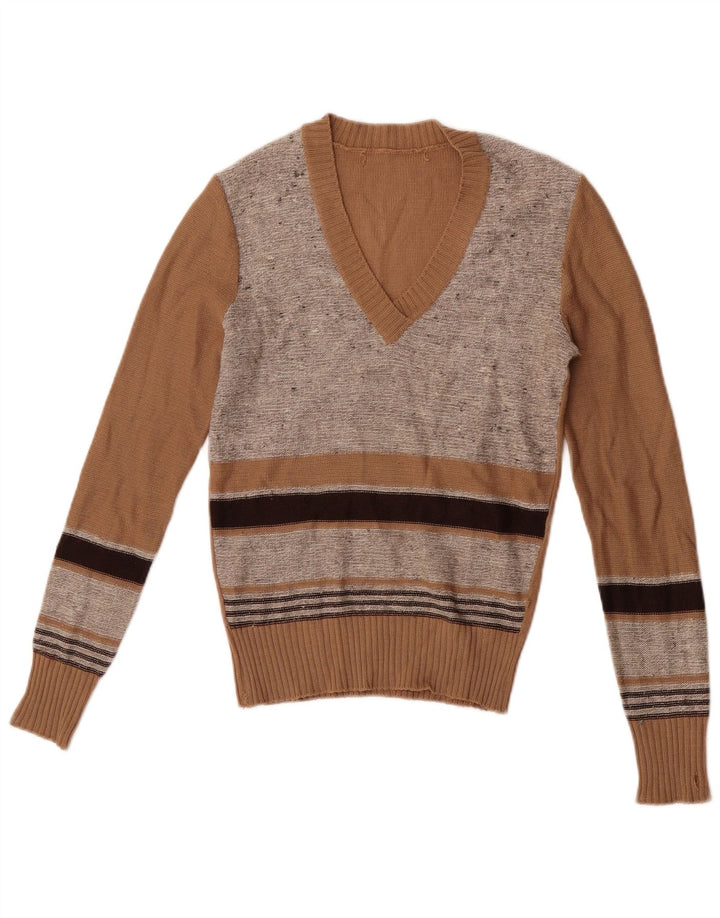 Vintage Womens Crop V-Neck Jumper Sweater IT 44 Medium Brown Striped