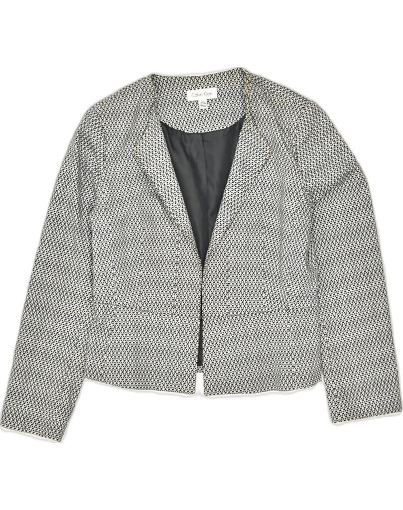 CALVIN KLEIN Womens Blazer Jacket UK 16 Large Grey Geometric Cotton | Vintage | Thrift | Second-Hand | Used Clothing | Messina Hembry 