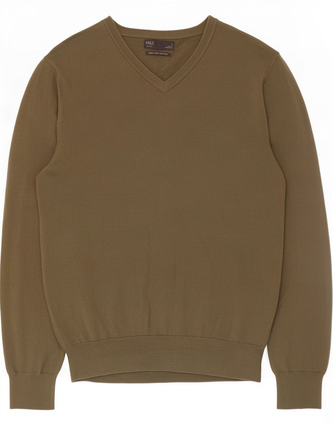 Marks & Spencer Mens V-Neck Jumper Sweater Large Khaki Cotton