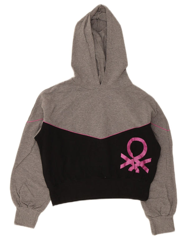 Benetton Girls Graphic Hoodie Jumper 11-12 Years 2XL Grey Colourblock