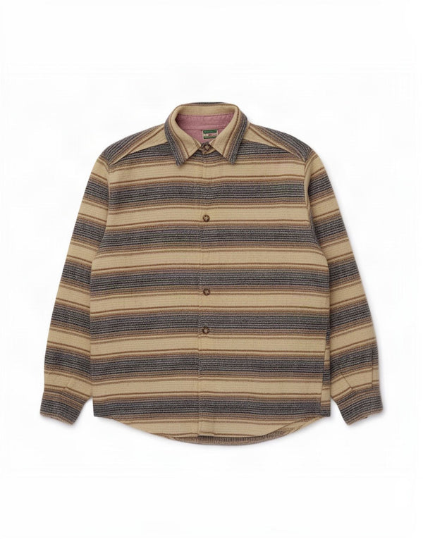 Benetton Mens Loose Fit Flannel Shirt Small Beige Striped Acrylic