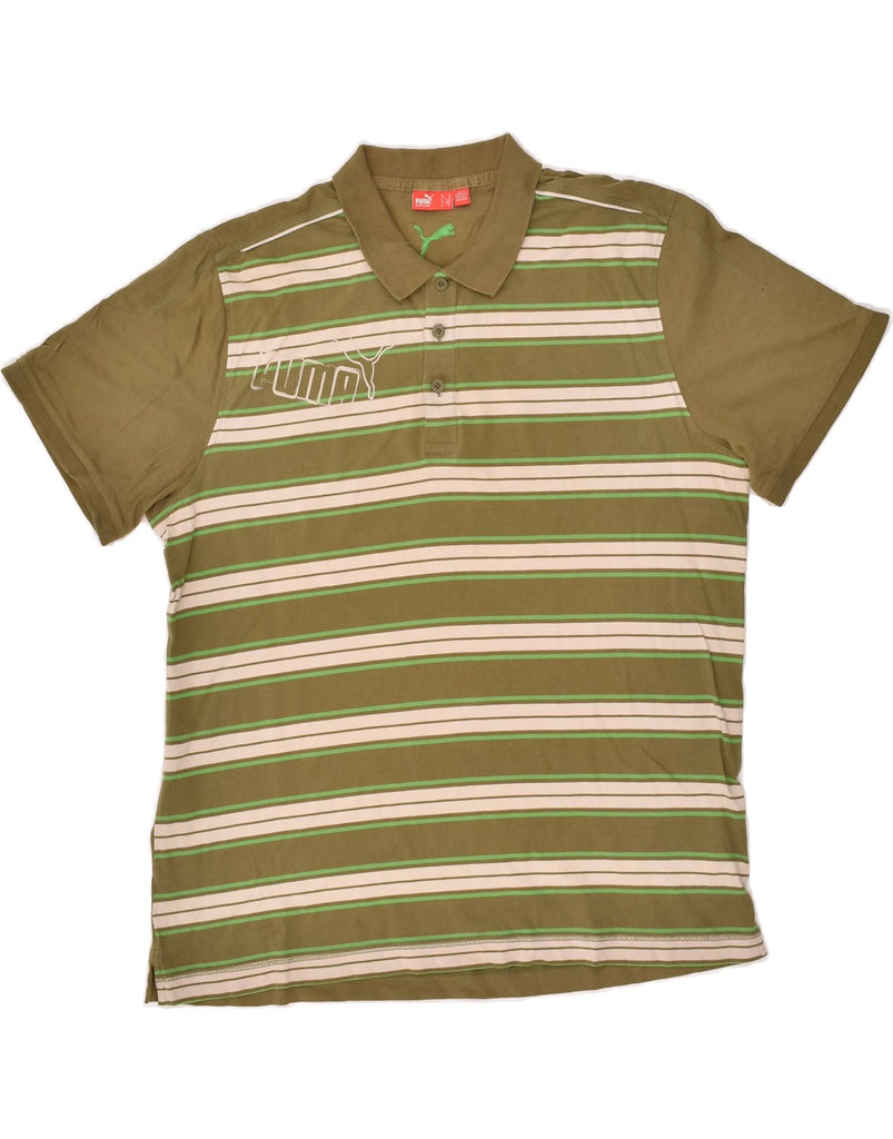 PUMA Mens Polo Shirt XL Khaki Striped Cotton | Vintage Puma | Thrift | Second-Hand Puma | Used Clothing | Messina Hembry 