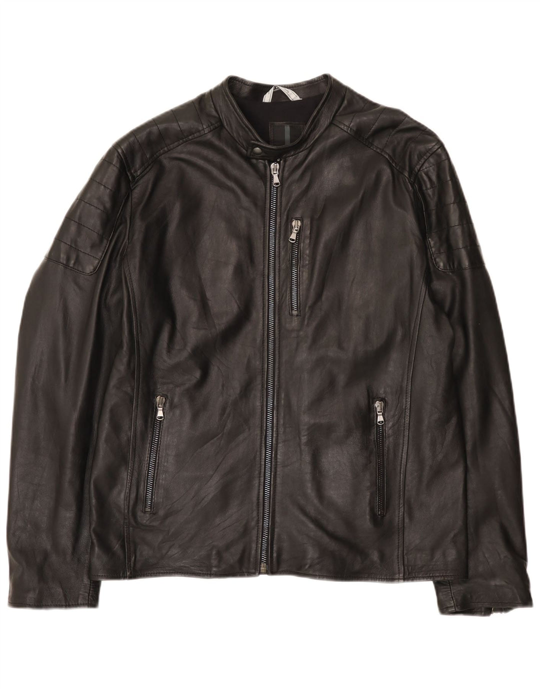 Bayside Mens Leather Racer Jacket UK 42 XL Black Leather
