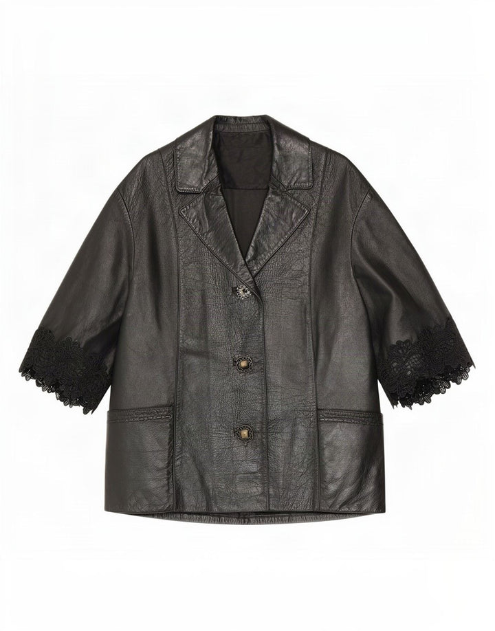 Suedemaster Womens 3/4 Sleeve Leather Blazer Jacket UK 12 Medium Black