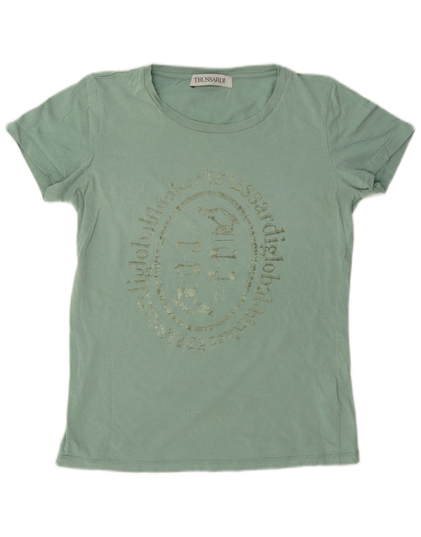 Trussardi Womens Graphic T-Shirt Top UK 14 Medium Green Cotton