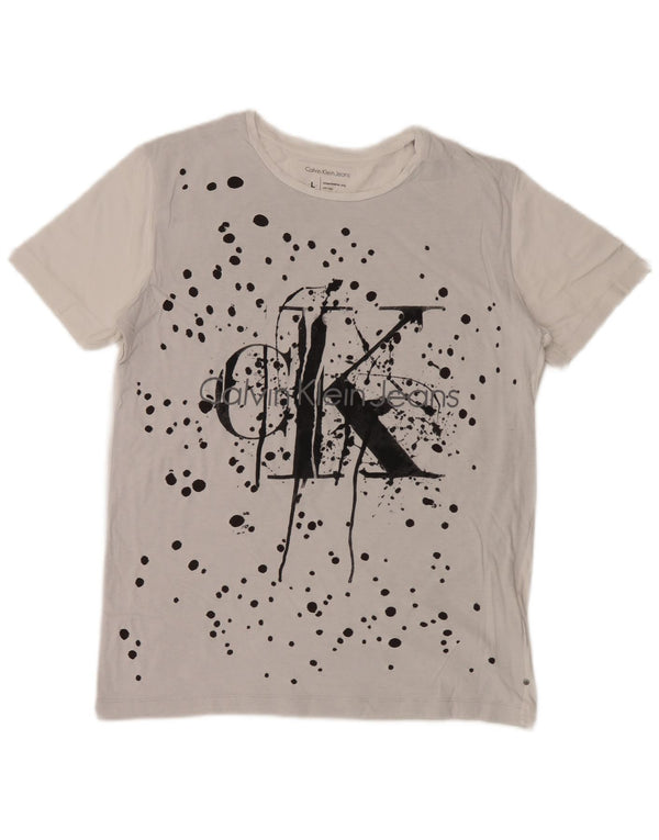Calvin Klein Jeans Mens Graphic T-Shirt Top Large Off White Cotton