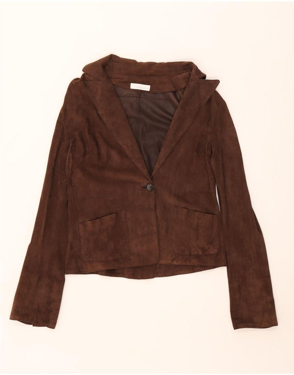 Latramoda Womens 1 Button Suede Blazer Jacket IT 46 Large Brown Leather