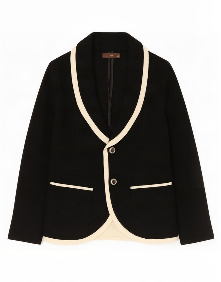 Zara Womens 2 Button Knit Blazer Jacket UK 14 Large Black Wool