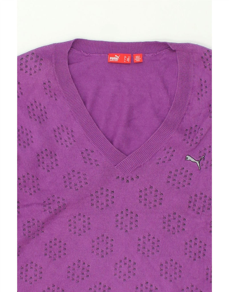 PUMA Womens Abstract Pattern V-Neck Jumper Sweater UK 14 Medium Purple | Vintage Puma | Thrift | Second-Hand Puma | Used Clothing | Messina Hembry 