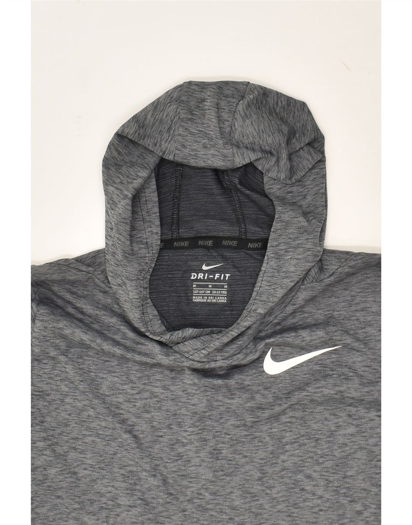 NIKE Boys Dri Fit Hoodie Jumper 10-11 Years Medium Grey Flecked Polyester | Vintage Nike | Thrift | Second-Hand Nike | Used Clothing | Messina Hembry 