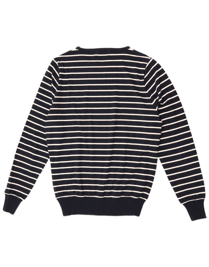 Zara Mens Crew Neck Jumper Sweater Medium Navy Blue Striped Cotton