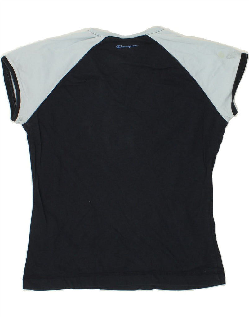 CHAMPION Womens Graphic T-Shirt Top UK 12 Medium Black Colourblock Cotton | Vintage Champion | Thrift | Second-Hand Champion | Used Clothing | Messina Hembry 