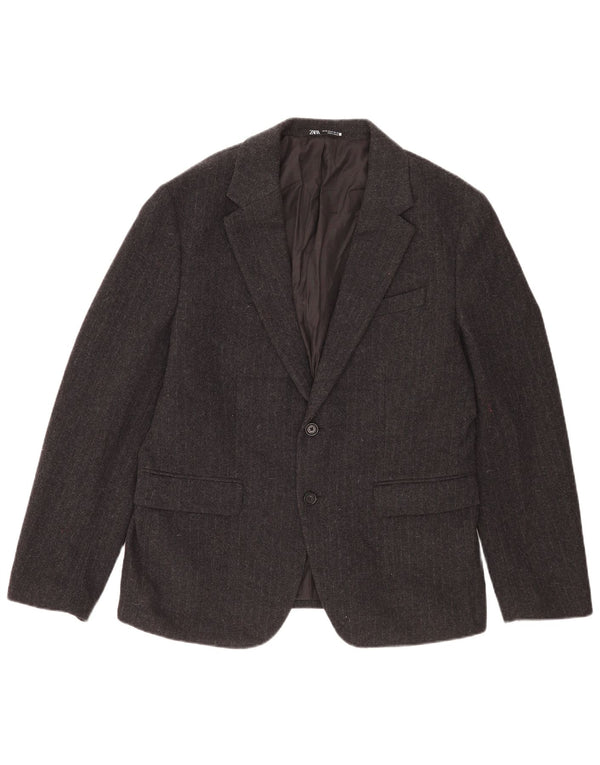 Zara Mens 2 Button Blazer Jacket EU 52 Large Grey Striped Wool