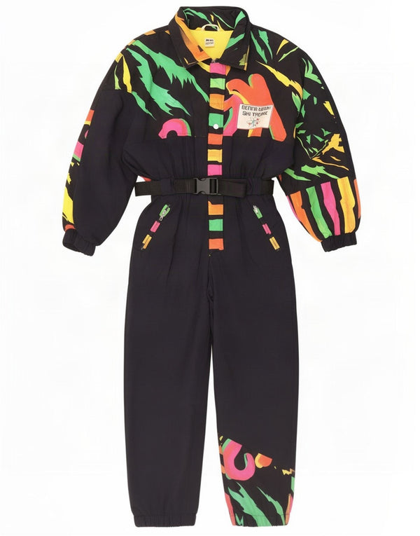 Vintage Womens Abstract Pattern Ski Jumpsuit UK 12 Medium Black Polyamide