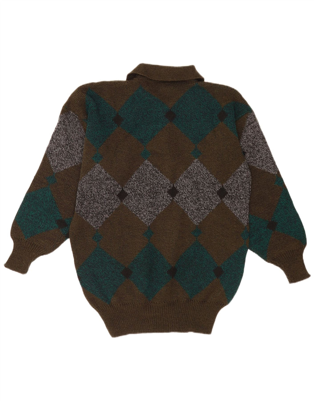 Vintage Mens Polo Neck Jumper Sweater Medium Brown Argyle/Diamond Classic