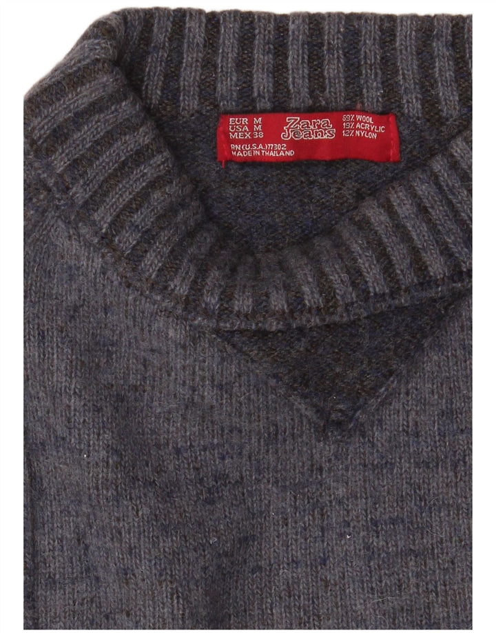 Zara Mens Crew Neck Jumper Sweater Medium Grey Colourblock Wool
