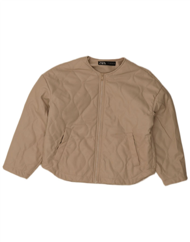 Zara Womens Oversized Faux Leather Quilted Jacket UK 6 XS Beige Polyester