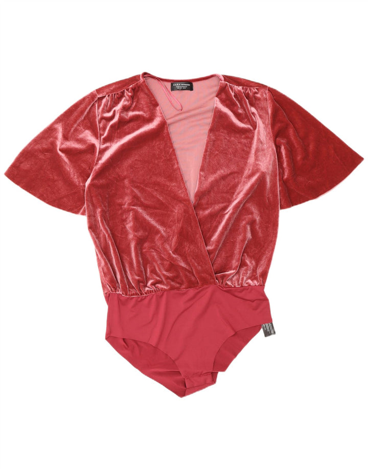 Zara Womens Velour Bodysuit UK 16 Large Pink Polyester