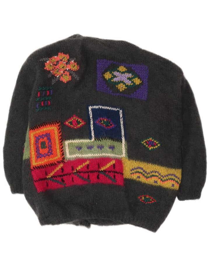 Vintage Womens Graphic Cardigan Sweater UK 18 XL Grey Patchwork
