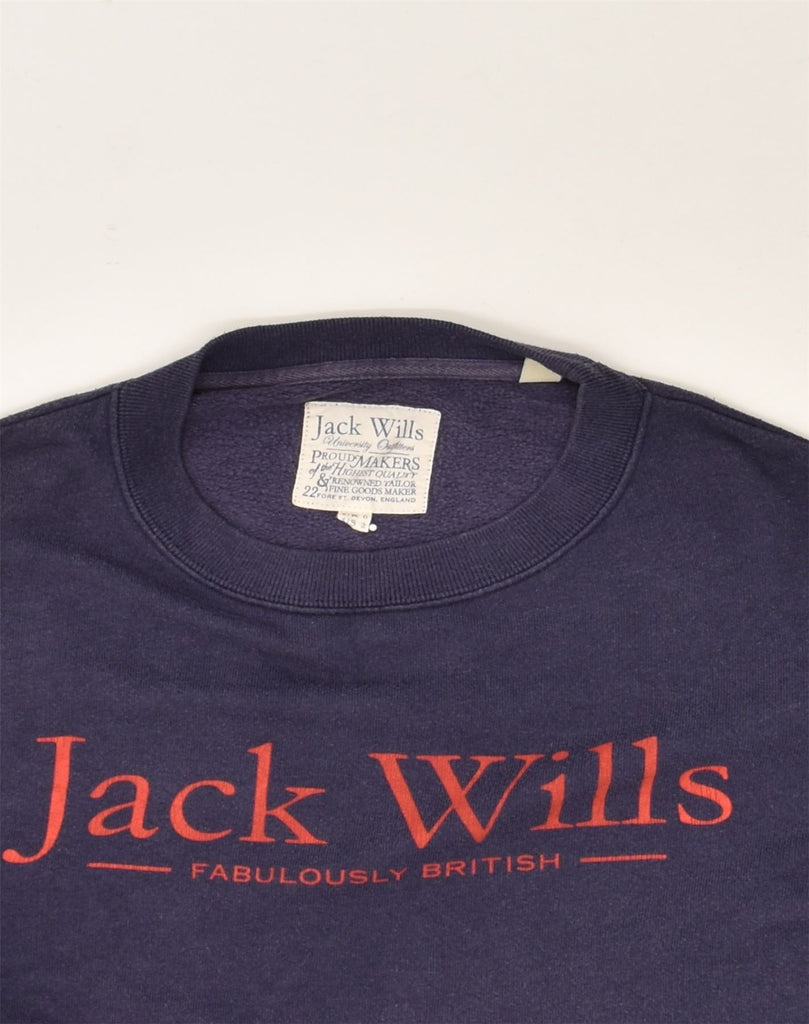 JACK WILLS Womens Graphic Sweatshirt Jumper UK 6 XS Navy Blue Cotton | Vintage Jack Wills | Thrift | Second-Hand Jack Wills | Used Clothing | Messina Hembry 