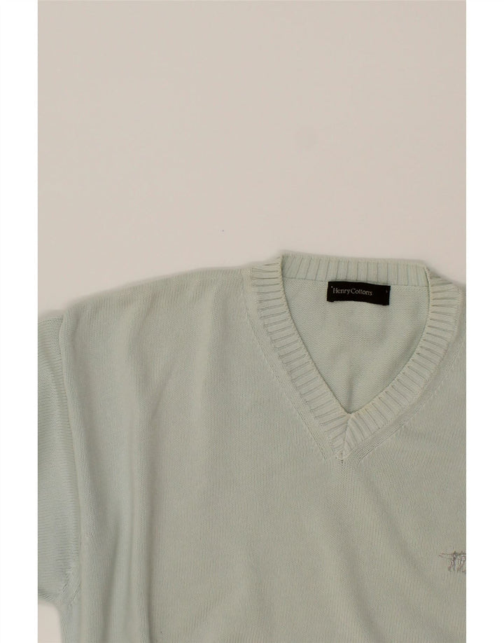 HENRY COTTONS Mens V-Neck Jumper Sweater XL Blue Cotton Vintage Henry Cottons and Second-Hand Henry Cottons from Messina Hembry 