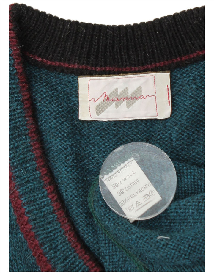 Vintage Mens V-Neck Jumper Sweater Large Blue Colourblock Wool