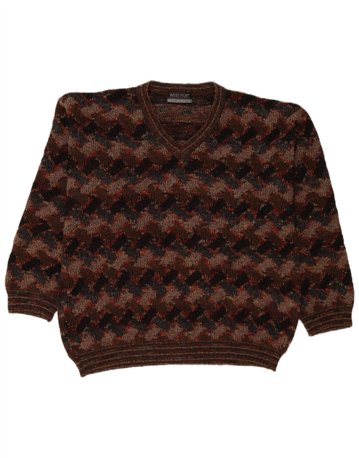 West Port Mens V-Neck Jumper Sweater Large Brown Geometric