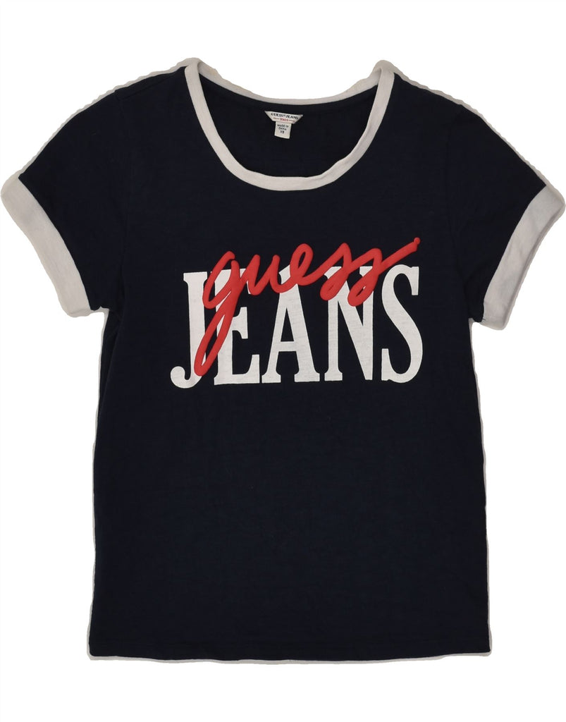 GUESS Womens Graphic T-Shirt Top UK 4 XS Navy Blue Cotton | Vintage Guess | Thrift | Second-Hand Guess | Used Clothing | Messina Hembry 