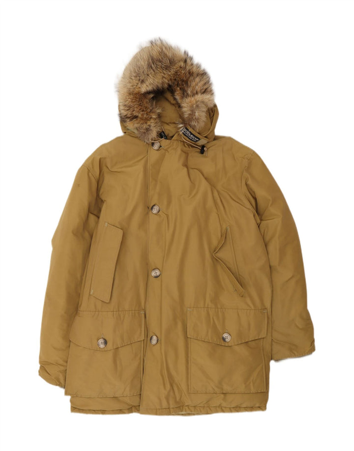 Woolrich Mens Hooded Padded Coat UK 38 Medium Beige Cotton