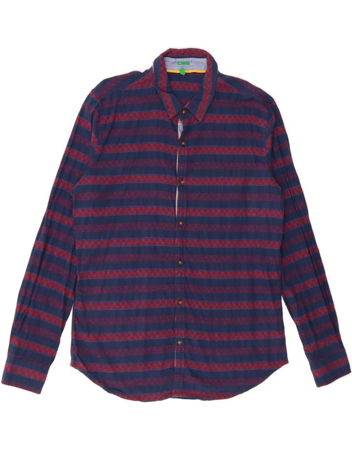BENETTON Mens Slim Shirt XL Navy Blue Striped Cotton Vintage Benetton and Second-Hand Benetton from Messina Hembry 
