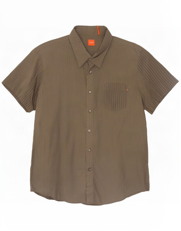 Hugo Boss Mens Short Sleeve Shirt 2XL Khaki Pinstripe Cotton