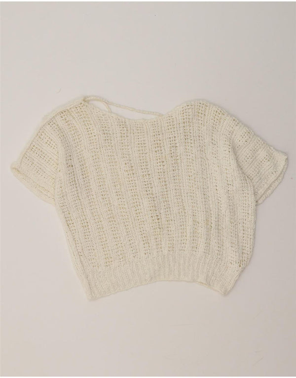 Vintage Womens Crop Short Sleeve V-Neck Jumper Sweater UK 14 Medium White