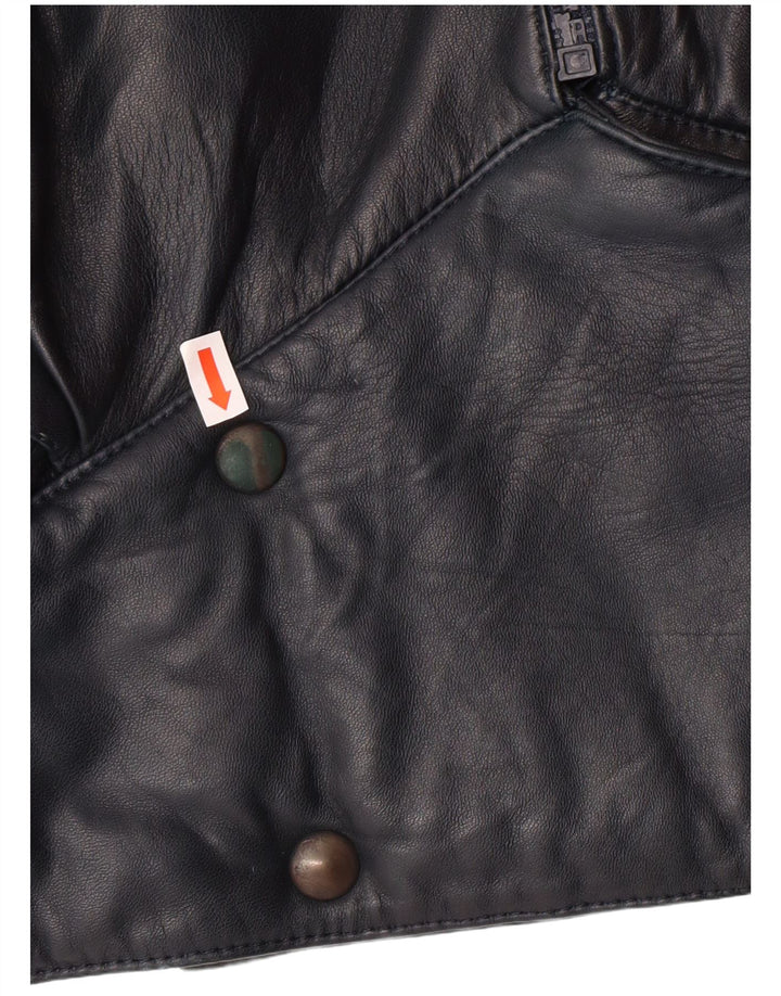 VINTAGE Womens Crop Leather Jacket UK 6 XS Navy Blue
