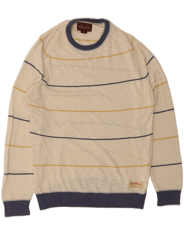 MARLBORO CLASSICS Mens Crew Neck Jumper Sweater Large Off White Striped