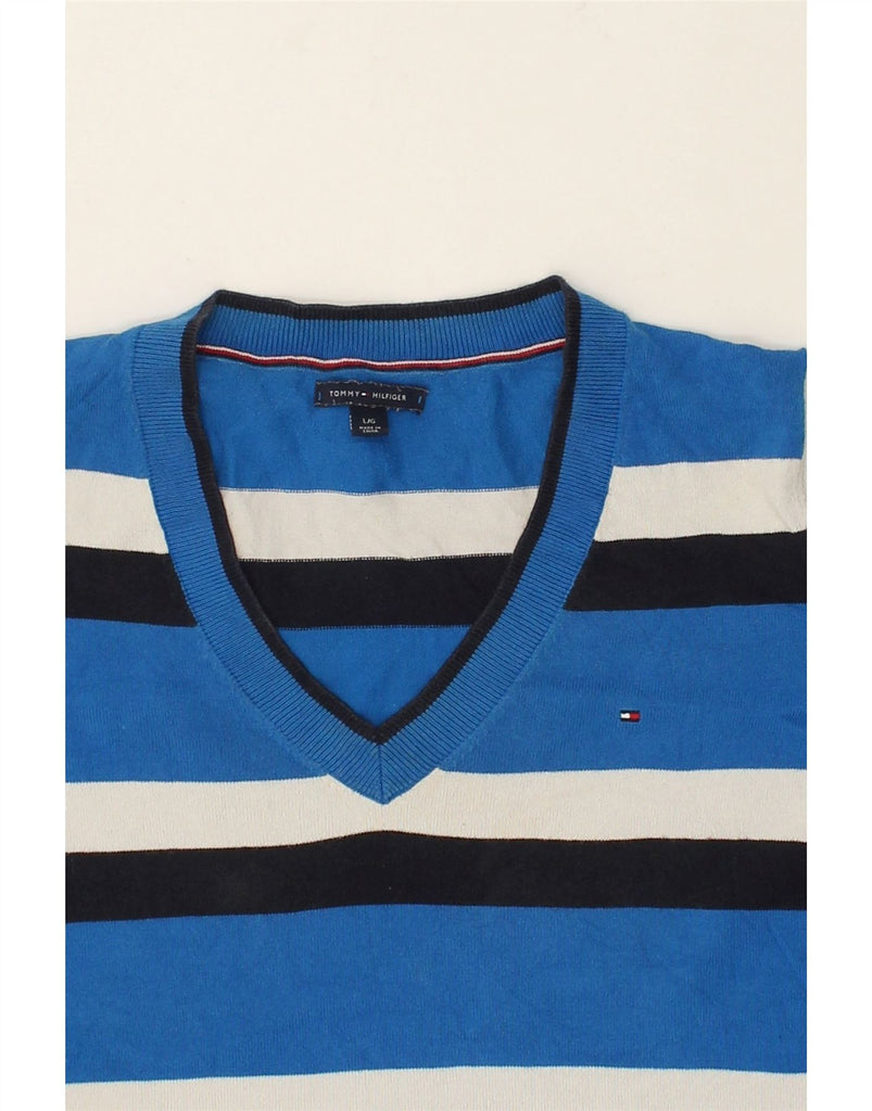 TOMMY HILFIGER Womens V-Neck Jumper Sweater UK 16 Large Blue Striped | Vintage Tommy Hilfiger | Thrift | Second-Hand Tommy Hilfiger | Used Clothing | Messina Hembry 