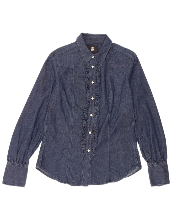 G-Star Womens Ruffle Front Denim Shirt Blouse UK 10 Small Navy Blue Cotton