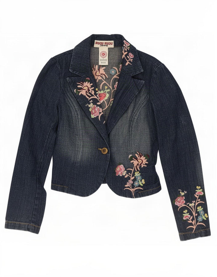 Bisou Womens Crop 1 Button Blazer Jacket UK 10 Small Blue Floral