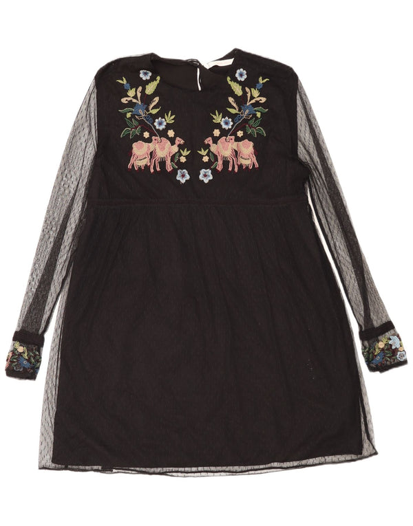 Zara Womens Graphic Long Sleeve A-Line Dress UK 14 Medium Black Floral