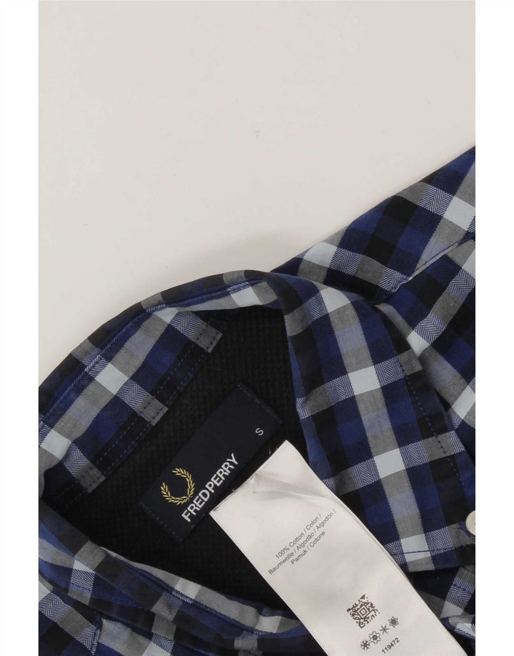 Fred Perry Mens Shirt Small Navy Blue Check Cotton